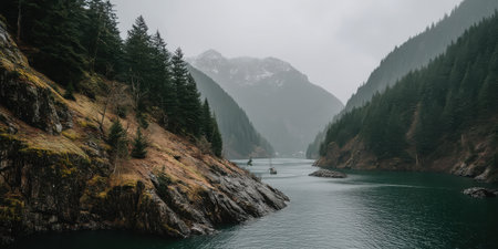 A serene lake nestled among lush pine trees and majestic mountains, creating a tranquil atmosphere. The calm water reflects the cloudy sky, inviting nature lovers to explore.