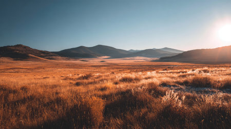 This captivating landscape features a vast golden meadow with gentle grasses under a clear blue sky, framed by majestic mountains at sunset.