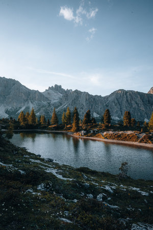 Beautiful sunset view on Lago di Limides in the Falzarego Pass Dolomites, Italy