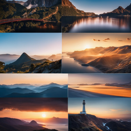 A serene landscape featuring a tranquil lake surrounded by lush greenery and towering mountains in the distance. The image features strong visual details, balanced composition, and