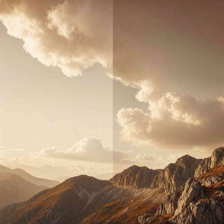 Mountain landscape with cloudy sky. Photo in old image style.