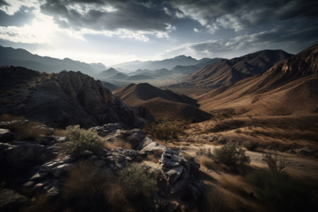 A view of a mountain range with a cloudy sky. AI generative image.