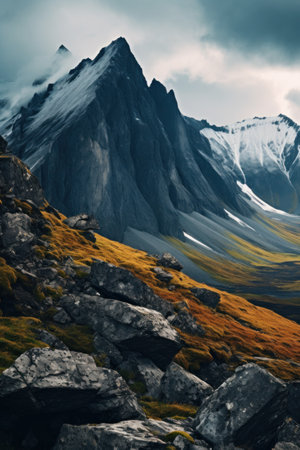A mountain range with a cloudy sky and snow covered mountains, AI