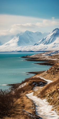 snowy landscape featuring a lagoon, waterfalls, pond, mountain, and icebergs. the image is captured in the style of light amber and turquoise, using topcor 58mm f14 lens. the 32k uhd resolution highlights the fine lines and delicate curves of the qajar art-inspired coastal views. the intricate patterns and delicate lines add to the beauty of the scene. ai generated