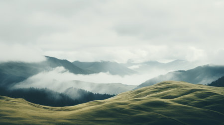 a serene pastoral scene featuring a landscape background with majestic mountains, surrounded by atmospheric clouds. this wallpaper captures the moody and minimalist essence of organic forms, with muted tones of green and gray. taken with the zeiss batis 18mm f2.8 lens, it evokes a whistlerian vibe, perfect for creating a calming and serene atmosphere. ai generated