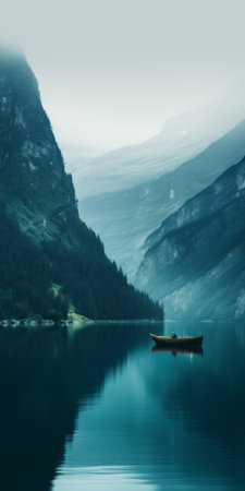 a serene mediterranean lake scene with a glacier backdrop, showcasing a boat peacefully floating on still waters. the picturesque view is enhanced by the majestic mountains surrounding the lake. the color palette consists of soothing shades of dark green, aquamarine, dark turquoise, and light brown, creating a tranquil and introspective ambiance. the composition is reminiscent of a swiss-style lake wallpaper, captured with a webcam-like photography