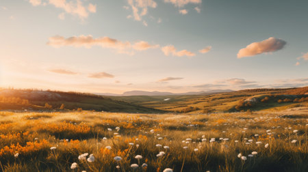 sunrise in the countryside scenery featuring a stunning backdrop reminiscent of scottish landscapes. the photo captures the beauty of the light teal and light amber hues, creating a whimsical atmosphere. the use of the tokina at-x 11-16mm f/2.8 pro dx ii lens adds topographical realism to the image. the scene is enhanced by the presence of delicate floral elements in shades of light orange and