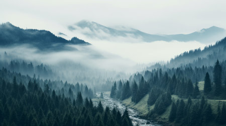 a majestic mountain surrounded by lush trees and enveloped in cloudy weather, captured in ethereal imagery style. this photograph showcases atmospheric effects and the beauty of woodland scenery. shot with a nikon d850 camera, the image is in stunning 8k resolution, allowing viewers to immerse themselves in the romantic riverscapes and appreciate the artistic vision of olivier valsecchi. ai generated