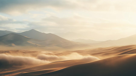 the majestic sand dunes, bathed in the warm hues of autumn, rise majestically from the fog-shrouded landscape, showcasing nature's breathtaking beauty in stunning 8k resolution, perfect for wallpaper or background use, evoking feelings of serenity and wonder. ai generated