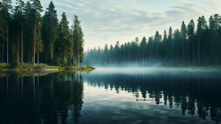 the serene lake, surrounded by lush greenery, peeks through the majestic pine trees, offering a tranquil atmosphere in this idyllic rural area, perfect for relaxation and connection with nature, evoking feelings of calmness and serenity in the midst of a peaceful landscape. ai generated