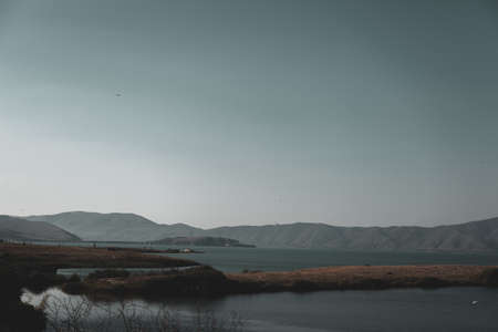 the Beautiful sand beach, Blue Sky and lake
