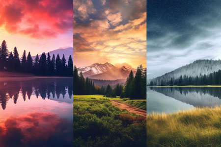A collage of four pictures of a beautiful lake in the mountains.