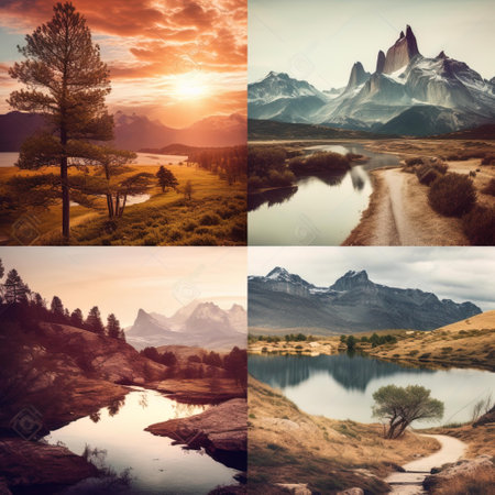 Collage of four beautiful landscapes with mountains, forest and lake.