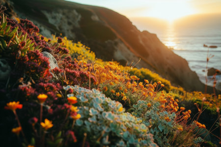 Golden hour illuminates the wildflowers blooming along the rugged coastal cliffs, creating a stunning natural tapestry against the backdrop of the setting sun over the ocean.