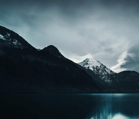 Mountain lake in the Swiss Alps at sunset. Long exposure.