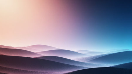 Vibrant hues of pink and blue blend in the sky as gentle hills roll into the distance. The scene captures a tranquil moment at dusk, inviting contemplation and wonder.