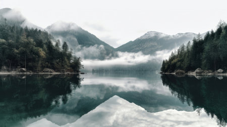 Panorama of the lake on a foggy morning mountains. Generative AI.