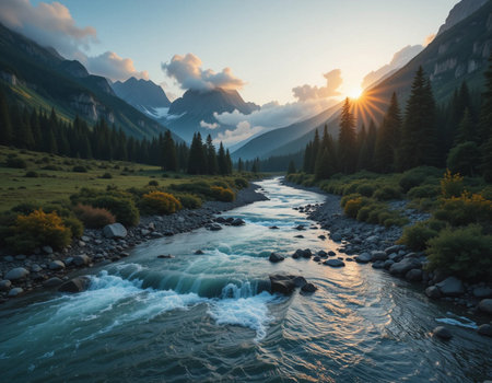 Mountain river at sunset. Beautiful mountain landscape with a river.