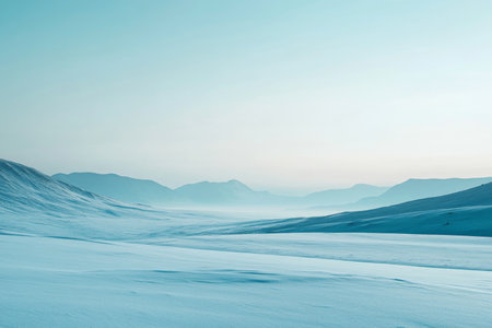 A serene snow-covered landscape with a gradient sky transitioning from a pale blue at the horizon to a deep indigo above. The snow-covered ground and distant mountains are bathed in the cool gradient .jpg