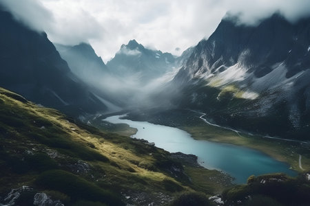 Foggy morning in the italian alps with mountain lake