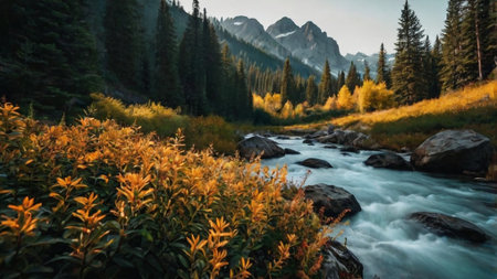 Beautiful alpine landscape with mountain river and forest at sunrise.