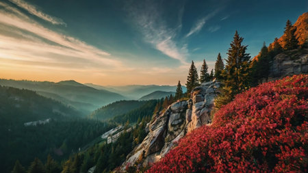 Colorful autumn sunrise in the mountains. Colorful autumn landscape.