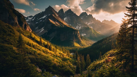 Sunset in Banff National Park, Alberta, Canada. Panoramic image.
