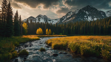 Panoramic view of a mountain river in the Rocky Mountains.