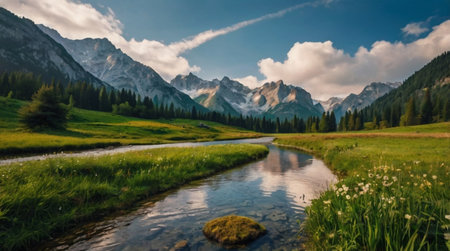 Panoramic view of the alpine meadow and mountain river.