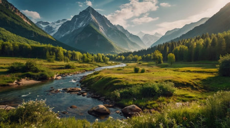 Mountain landscape with a river in the foreground. Altai, Russia