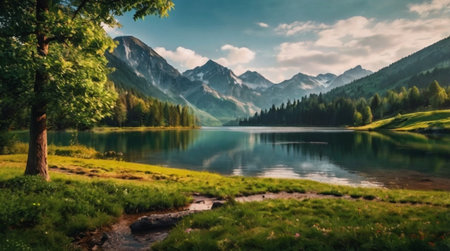 Panoramic view of the lake in the mountains. Summer landscape.