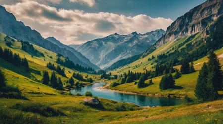 Panoramic view of the mountain lake in the Dolomites