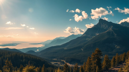 Sunset in the mountains. Panoramic view of the mountain lake.