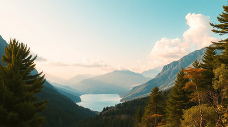 panoramic view of the lake and mountains in the background.