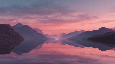 Beautiful sunset in the mountains reflected in the calm water of the lake