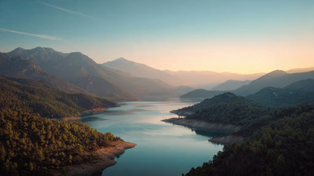 A peaceful lake surrounded by tall cliffs and deep forests.